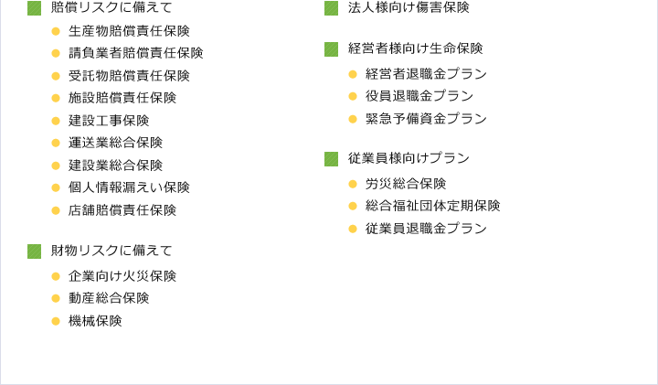 賠償リスクに備えて　財物リスクに備えて　法人様向け傷害保険　経営者様向け生命保険　従業員様向けプラン　左記個人のお客様向け保険商品を