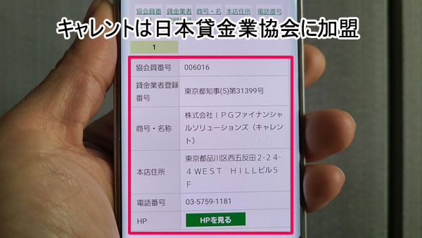 キャレント（株式会社IPGファイナンシャルソリューションズ）は日本貸金業協会にも加盟しているのでヤミ金ではない